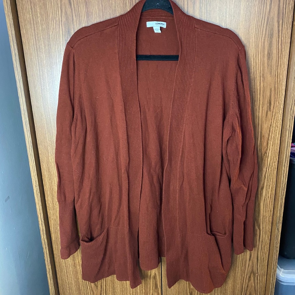 Sonoma‎ Cardigan Sweater Womens XXL Rust Brown Open Front Ribbed Pocket Knit